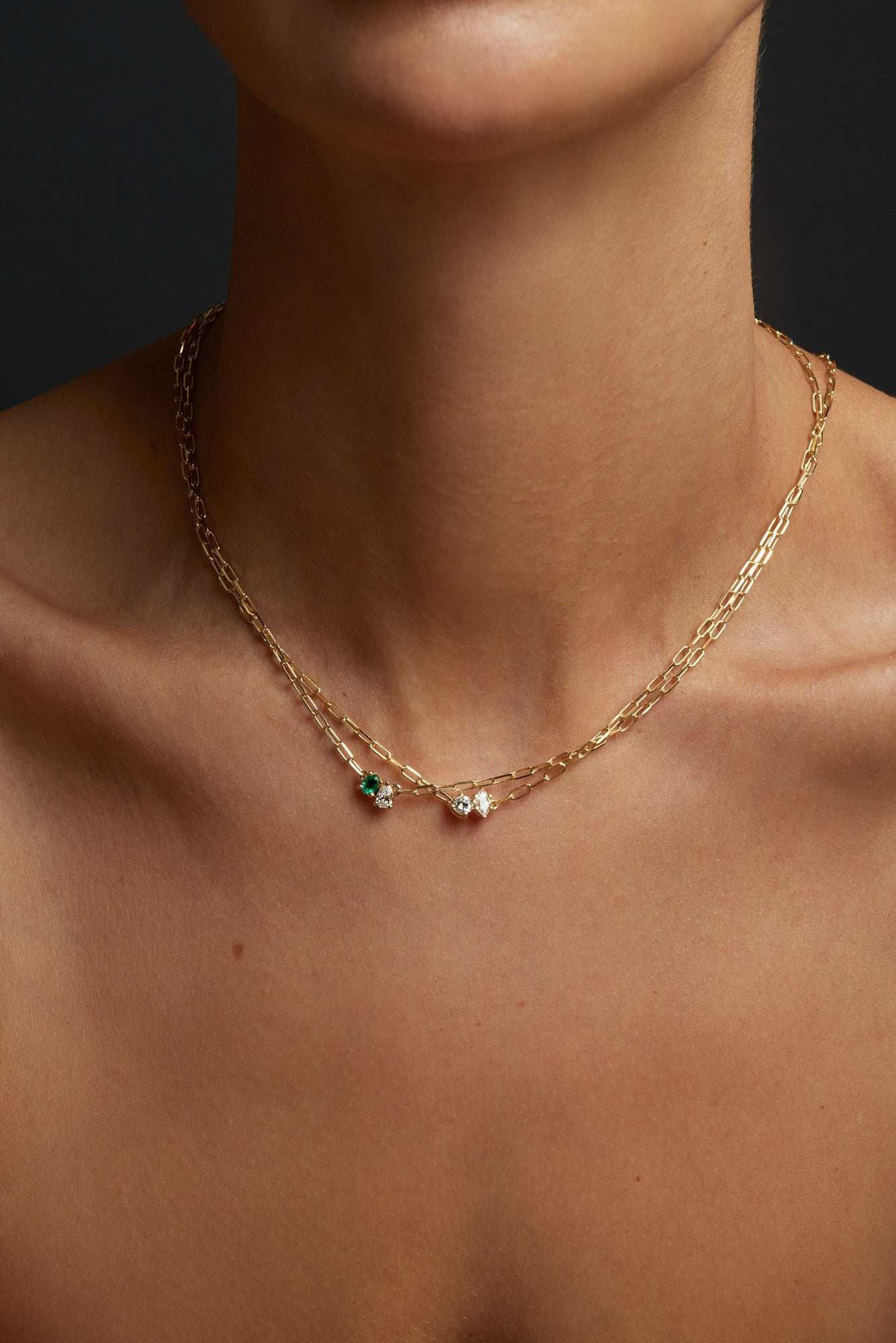 Emerald and Round Diamond Toi Et Moi Necklace | Yellow Gold