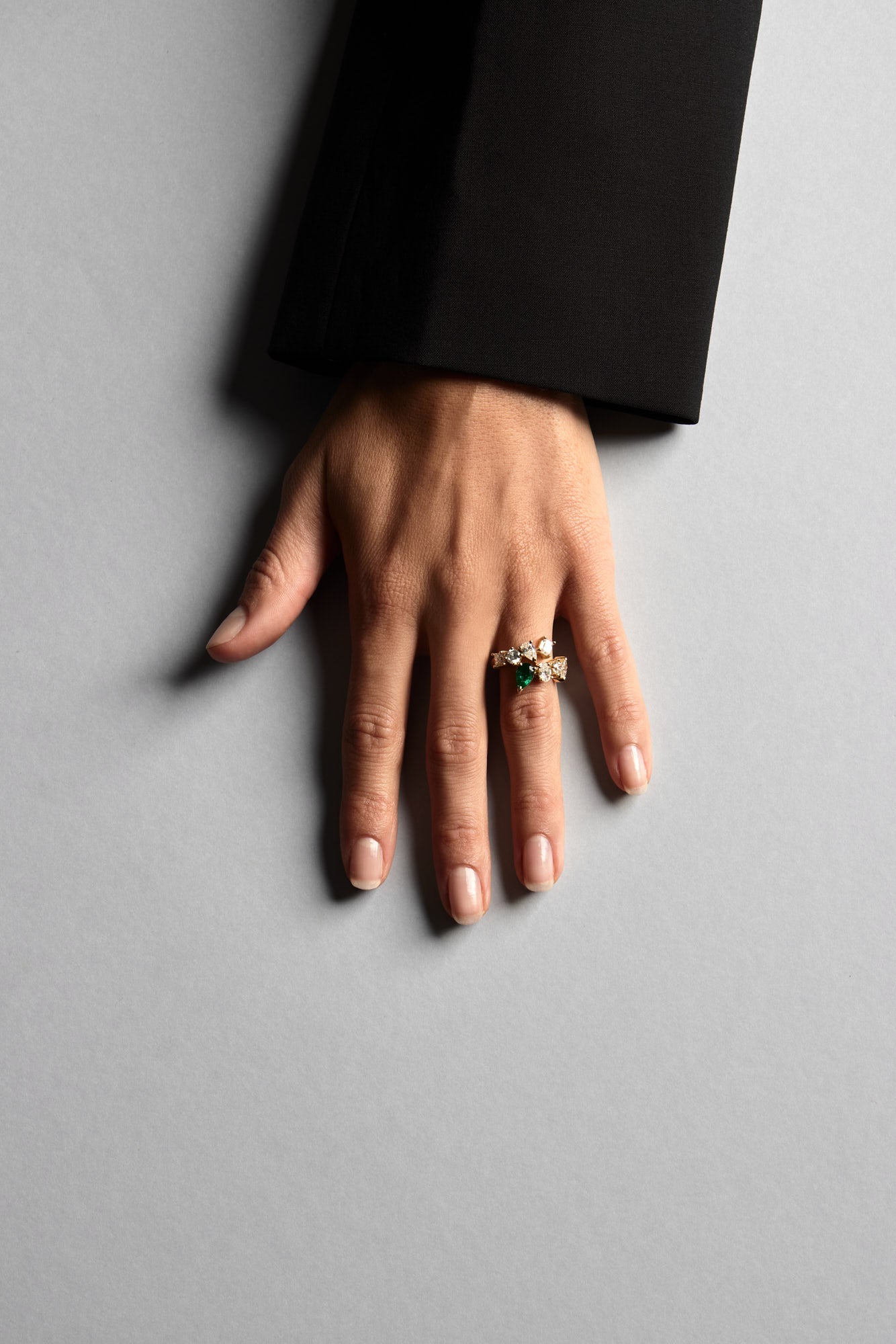 Pear Emerald and Diamond Wrap Ring | 18K White Gold