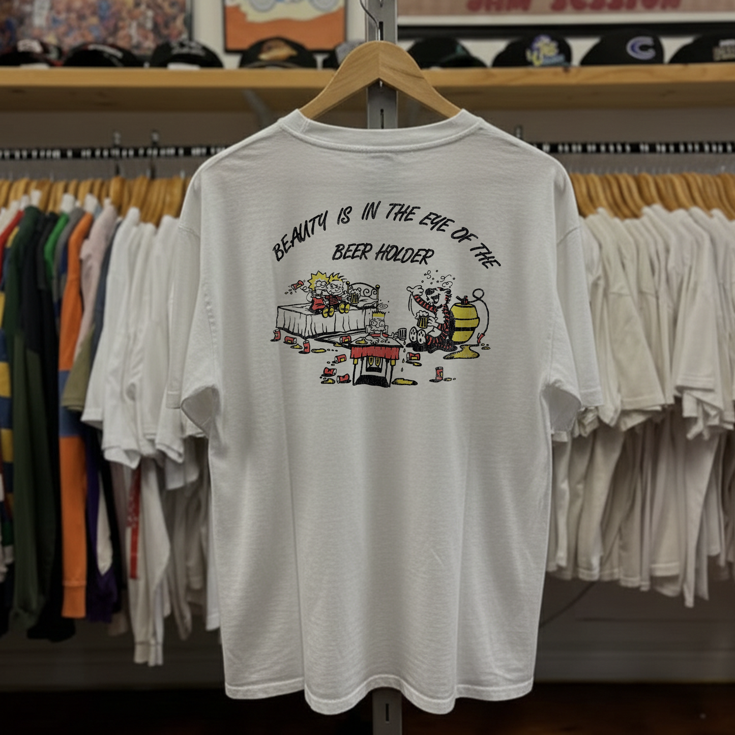 90s Calvin & Hobbes Simpsons Beer Parody Washed White Tee