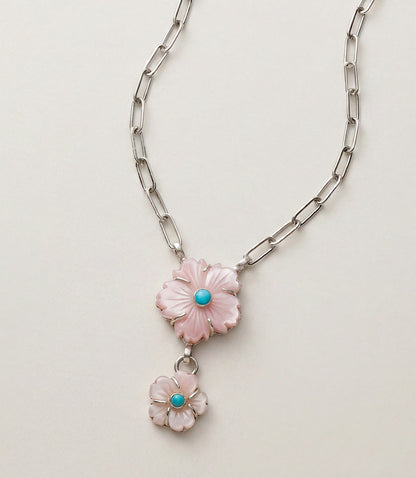 Pink Conch And Turquoise Double Flower Necklace