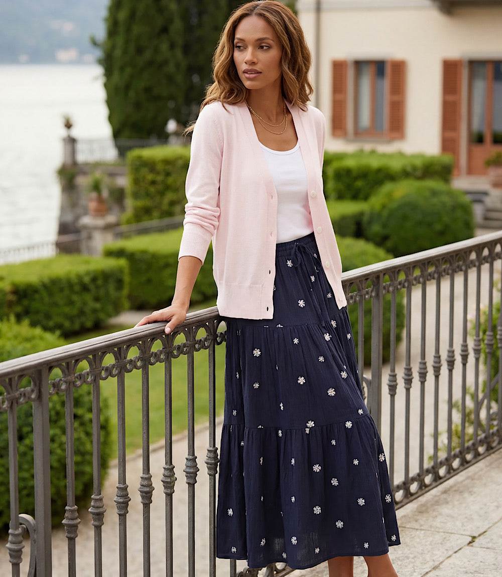 Embroidered Tiered Midi Skirt