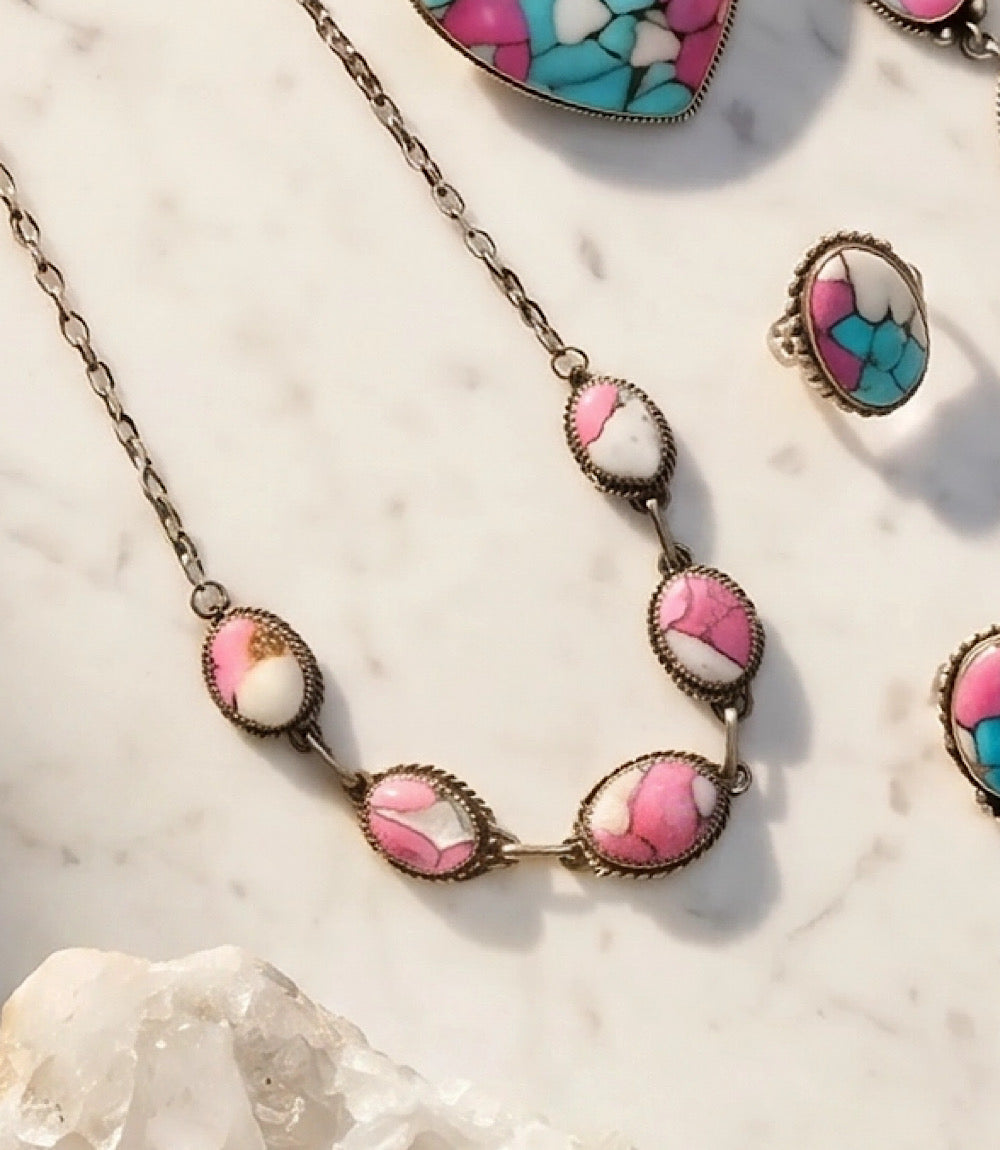 Embellished Cotton Candy Turquoise Link Necklace