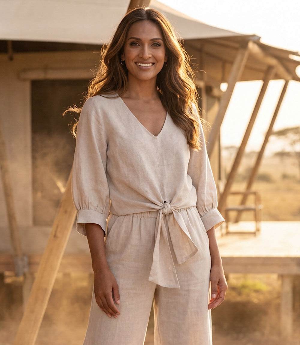 Blouson Sleeve Linen Tie-Front Top