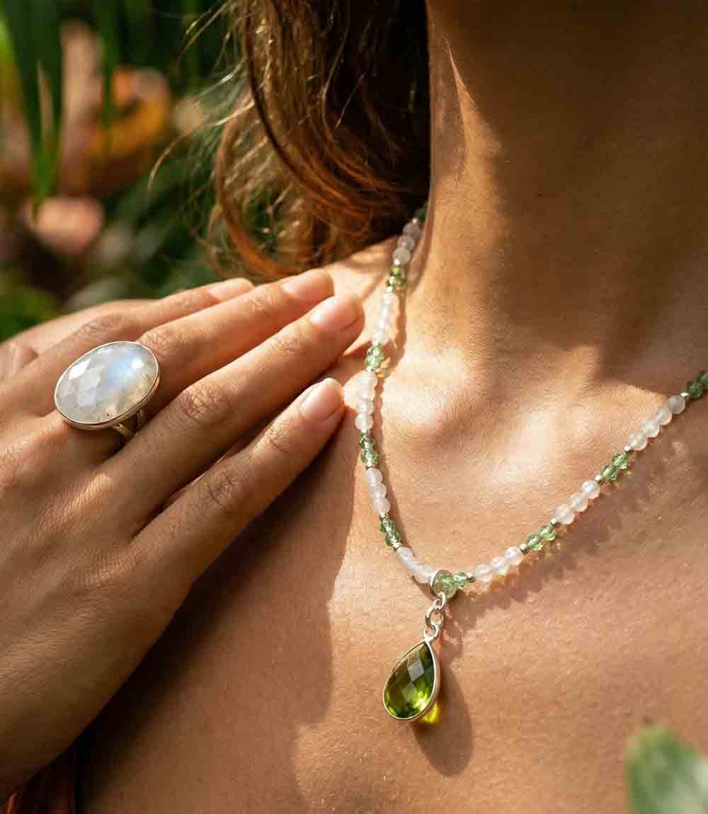 Beaded Moonstone And Peridot Pendant Necklace