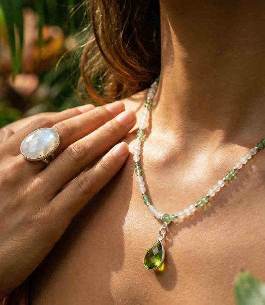 Beaded Moonstone And Peridot Pendant Necklace