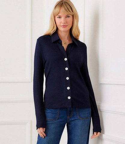 Ribbed Long Sleeve Button Front Top