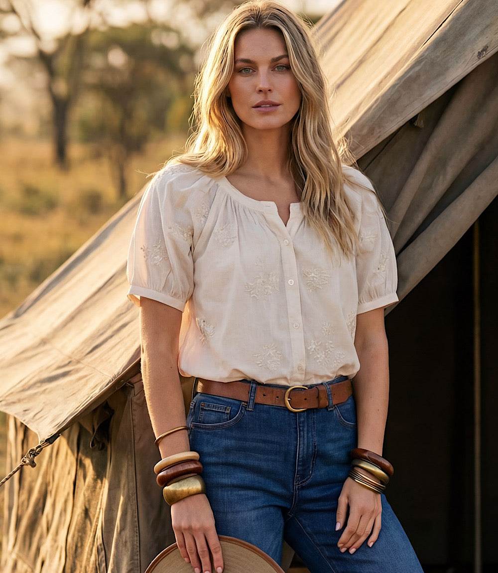 Short Sleeve Embroidered Peasant Top