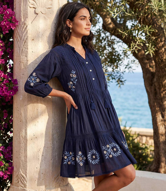 Blouson Sleeve Embroidered Lace Trim Tiered Dress