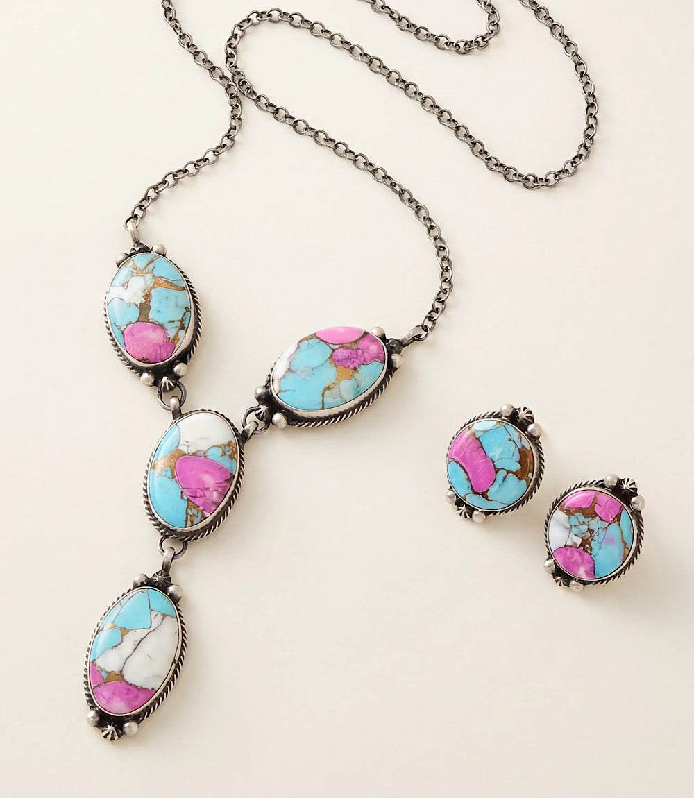 Cotton Candy Turquoise Lariat Necklace And Earring Set