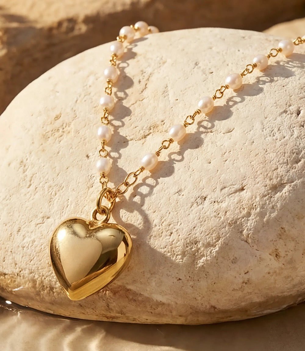 Beaded Pearl Heart Charm Necklace