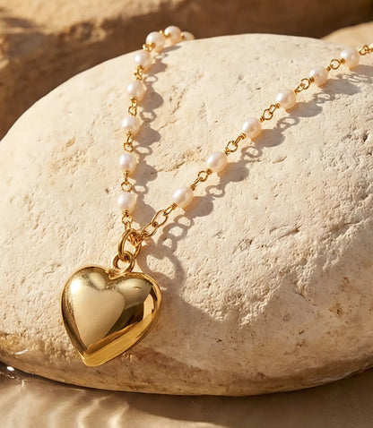 Beaded Pearl Heart Charm Necklace