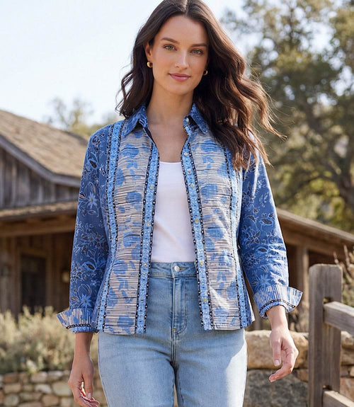 Ruched Sleeve Border Print Shirt