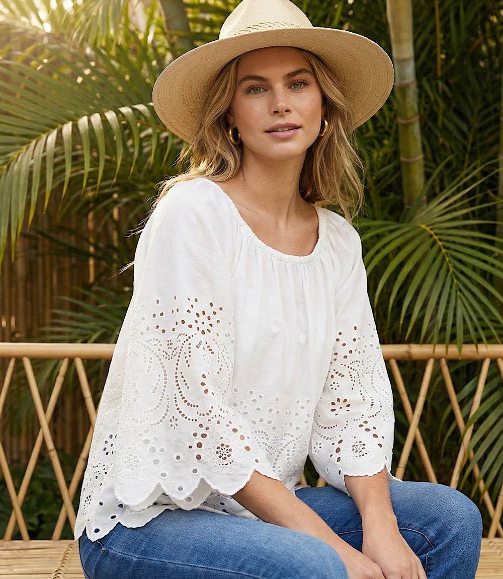 Cut-Out Embroidery Flare Sleeve Peasant Top