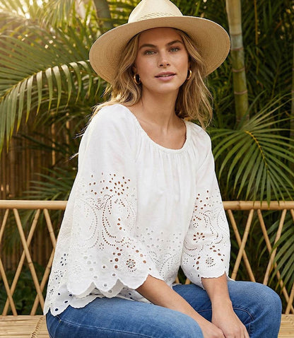 Cut-Out Embroidery Flare Sleeve Peasant Top
