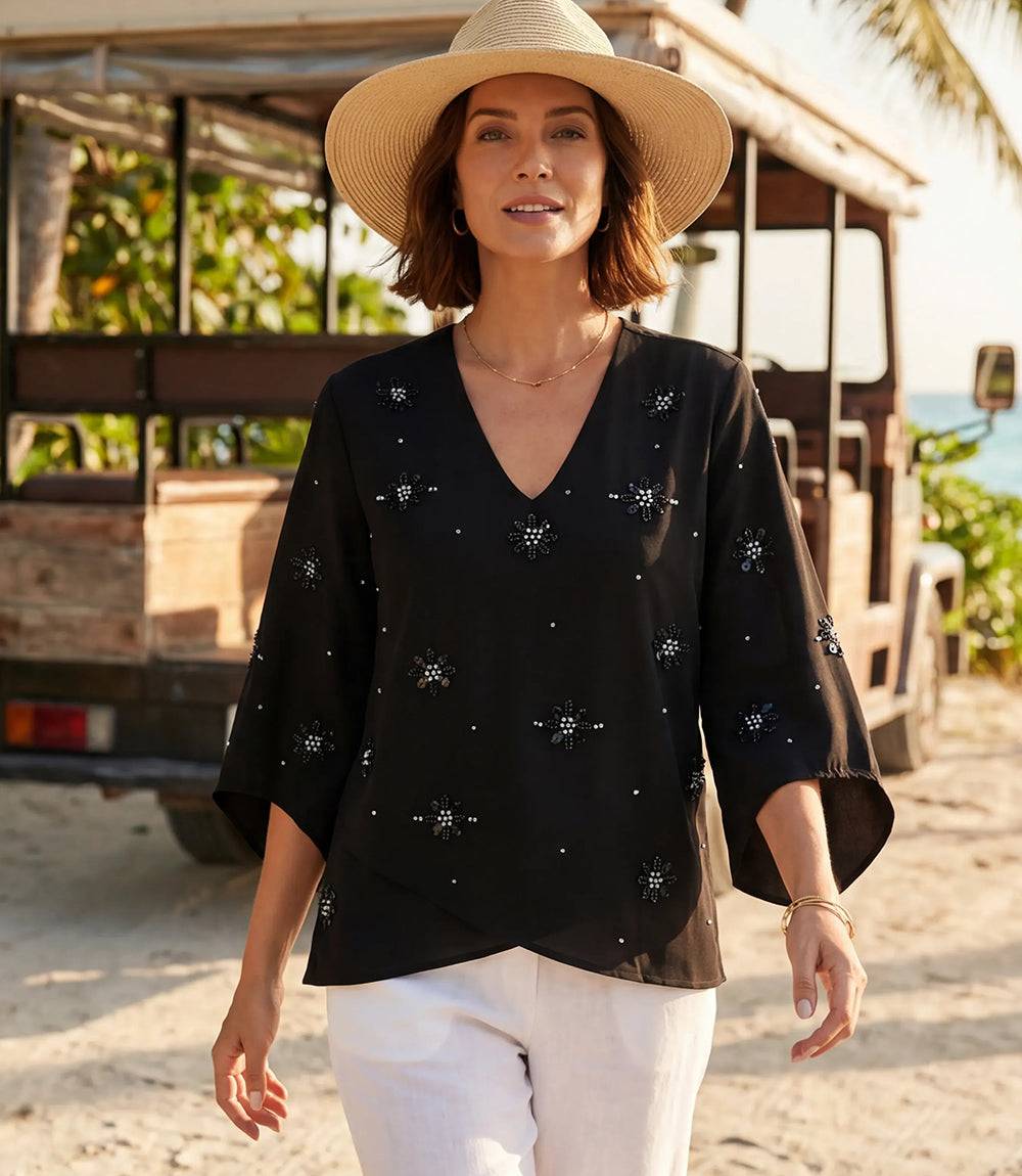 Petite Size Bracelet Sleeve Embellished Asymmetric Top