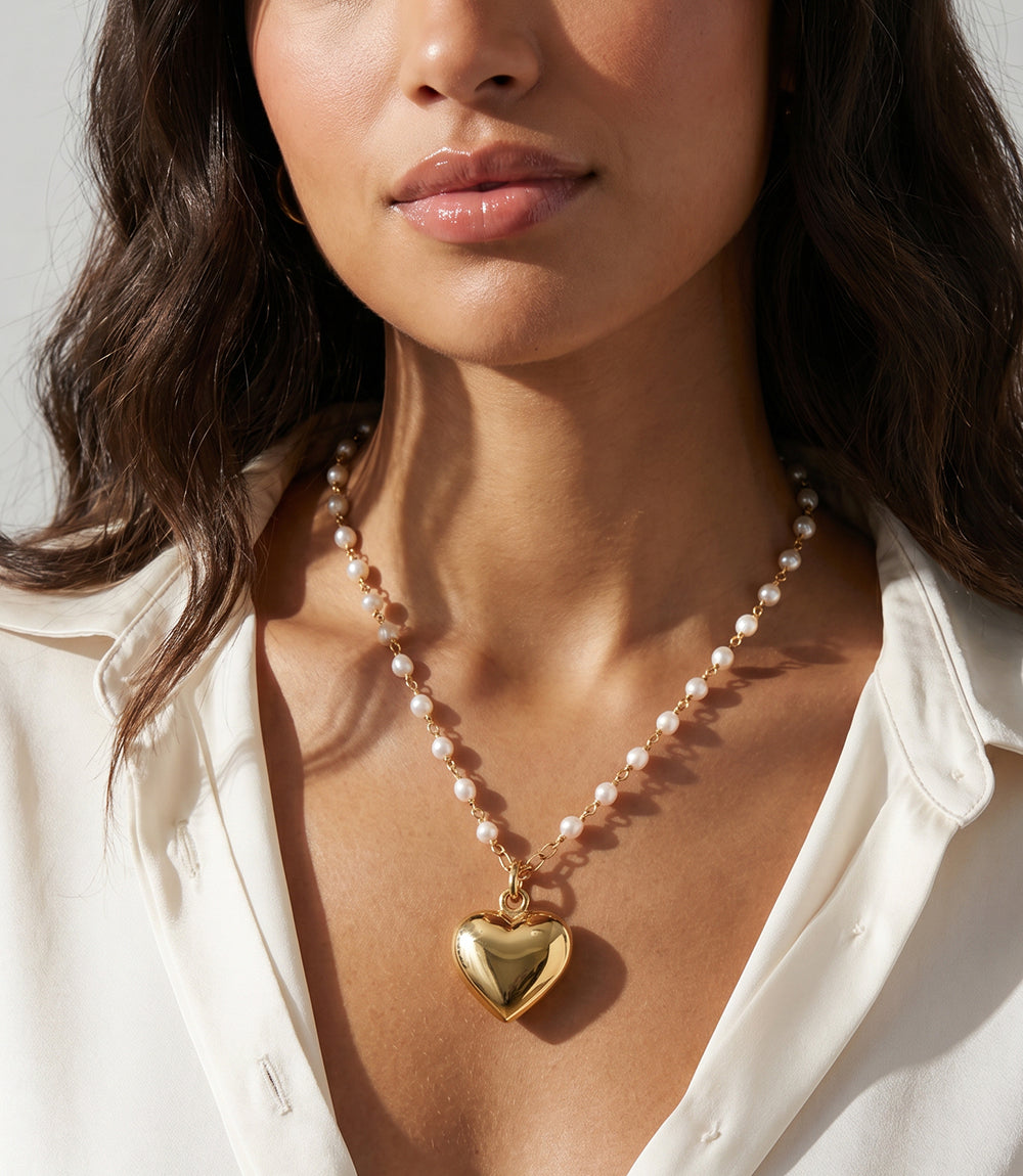 Beaded Pearl Heart Charm Necklace