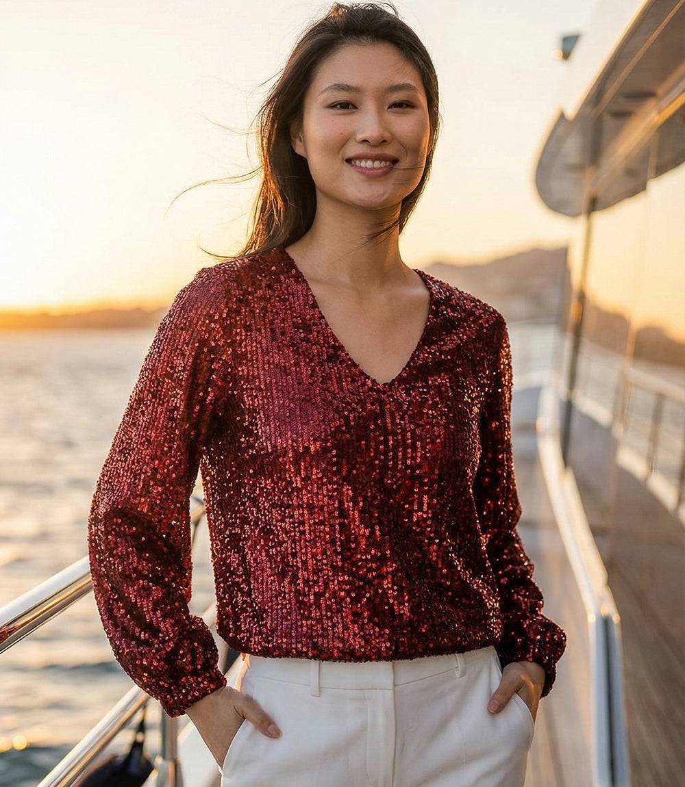 Blouson Sleeve Sequin V-Neck Top
