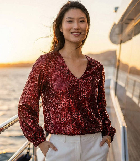 Blouson Sleeve Sequin V-Neck Top