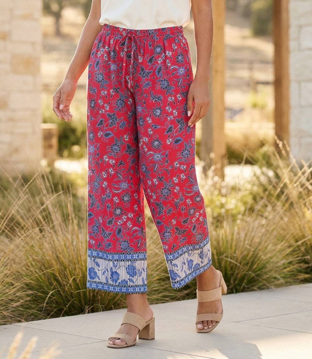Drawstring Border Print Cropped Pants