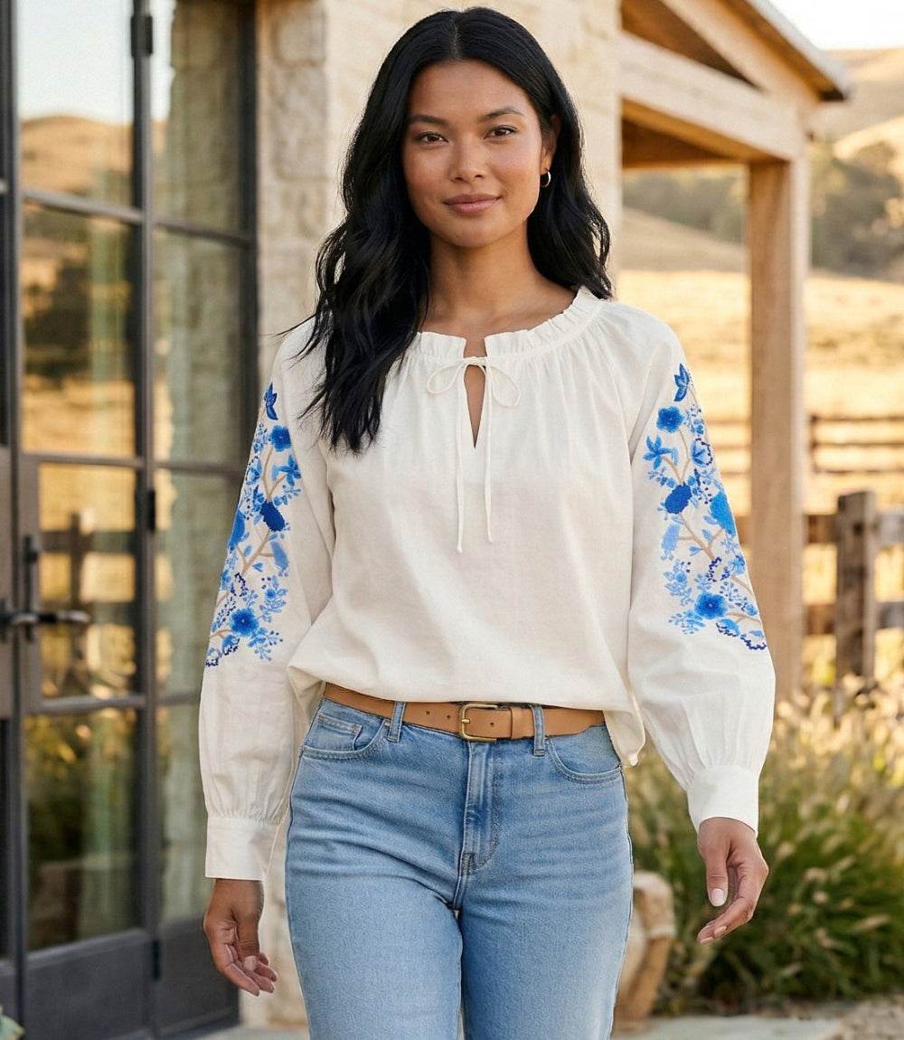 Embroidered Blouson Sleeve Tie-Neck Peasant Top