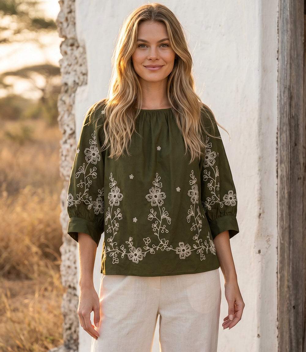 Embroidered Blouson Sleeve Top