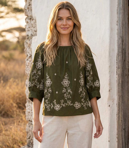 Embroidered Blouson Sleeve Top
