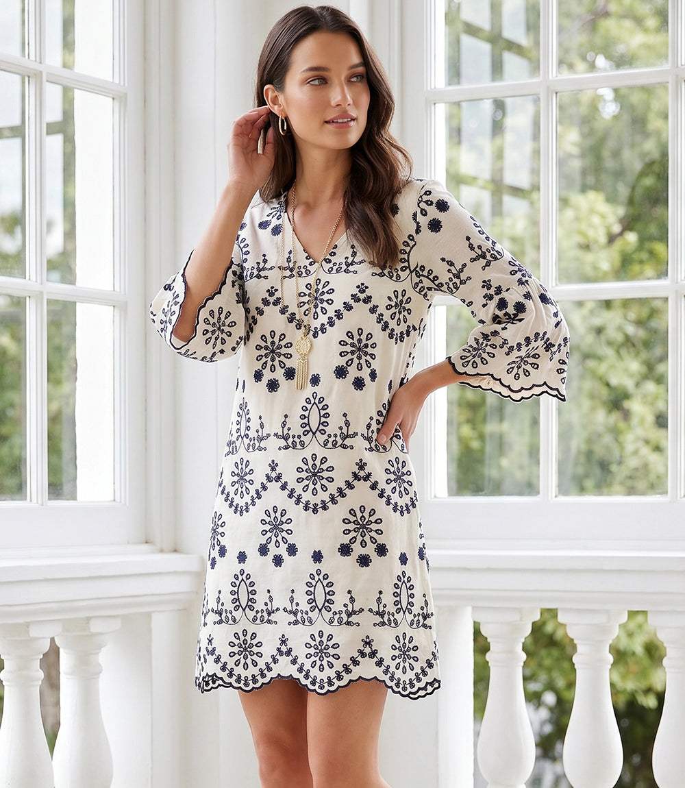 Flare Sleeve Embroidered Dress