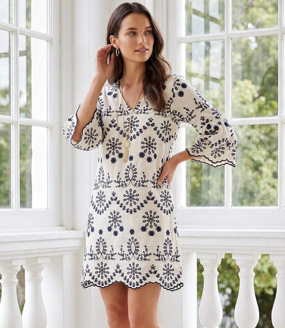 Flare Sleeve Embroidered Dress