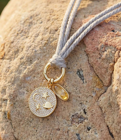 Galaxy Disc And Oval Gemstone Cord Necklace