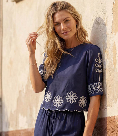 Embroidered Blouson Sleeve Scallop Top