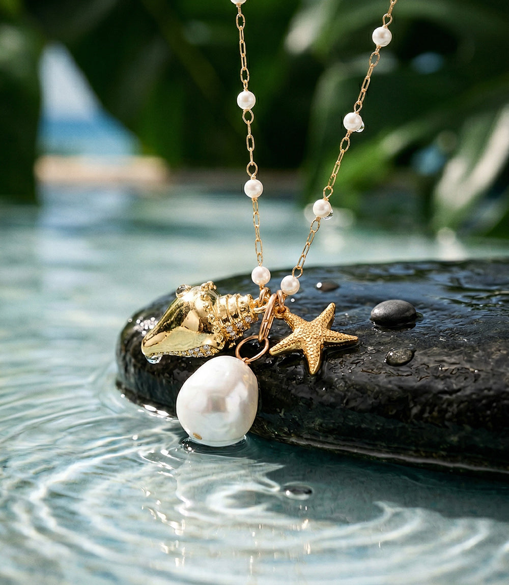 Pearl Beaded Ocean Charm Necklace