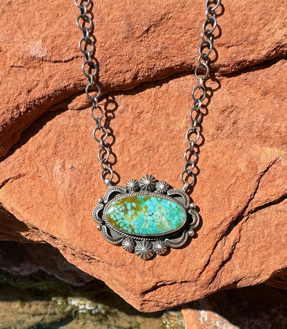 Embellished Oval Pendant Turquoise Necklace