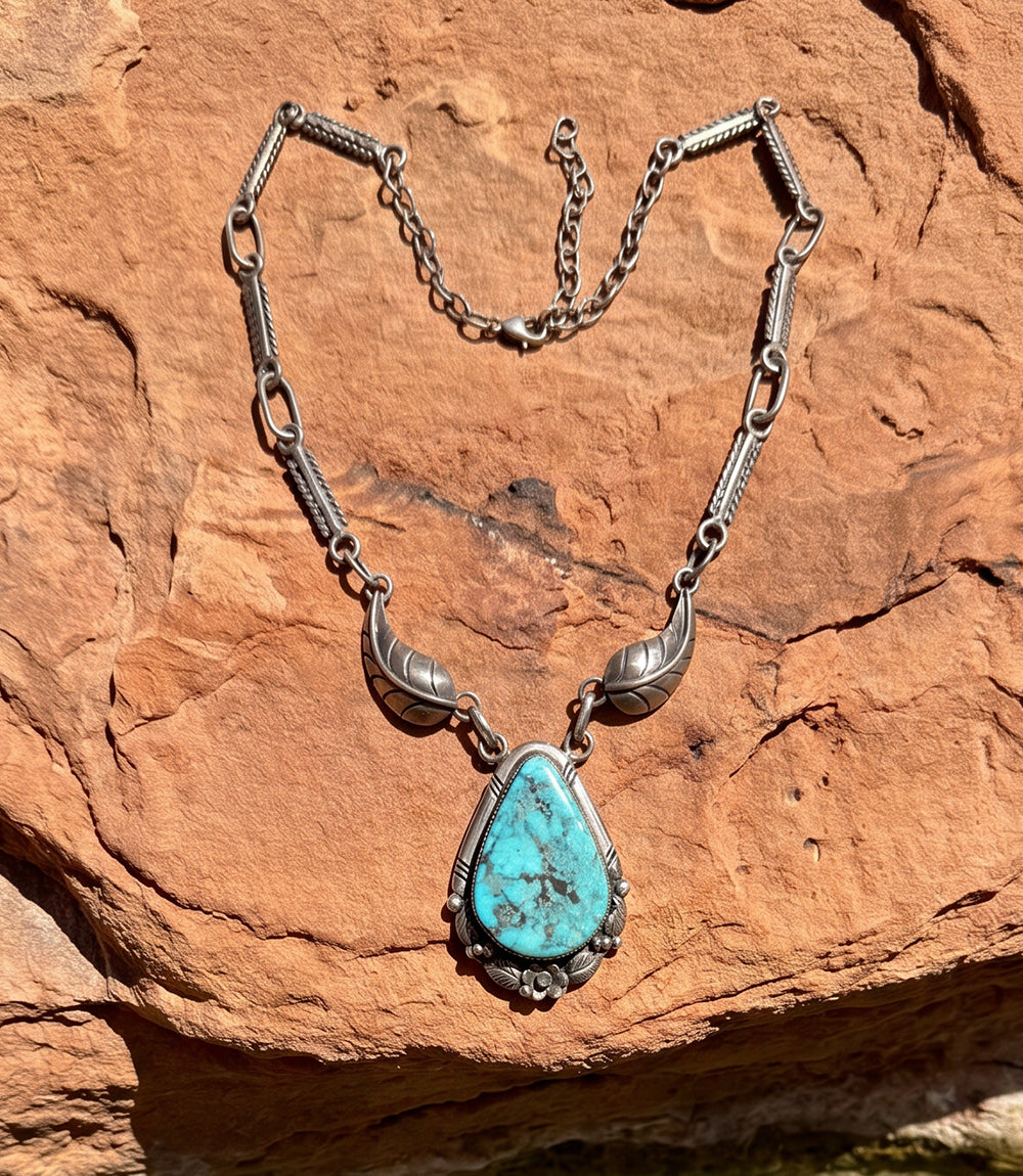 Vintage Turquoise Pendant Silver Feather Necklace