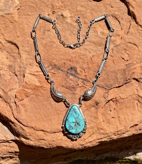 Vintage Turquoise Pendant Silver Feather Necklace