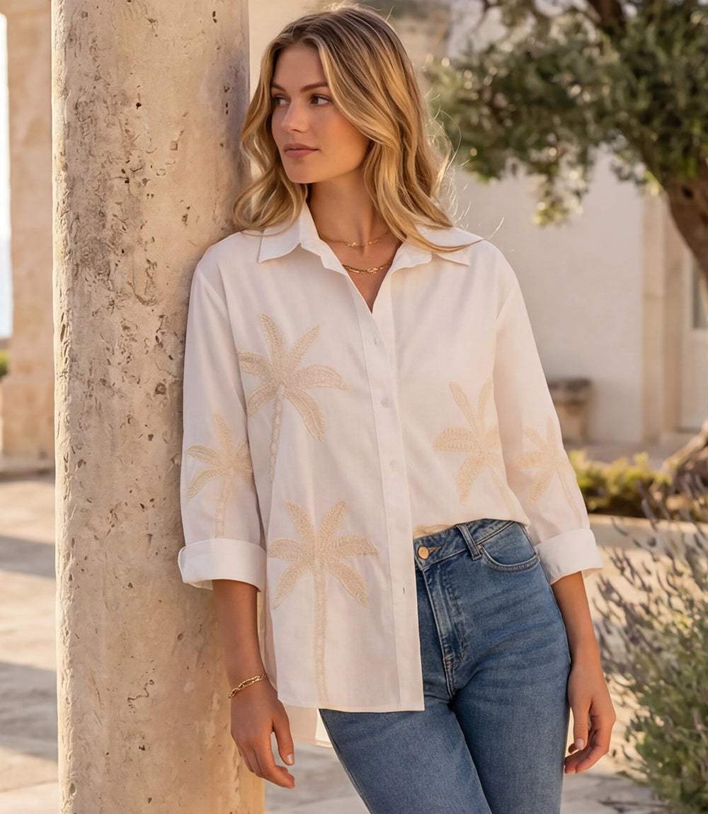 Bell Sleeve Embroidered Palm Tree Shirt