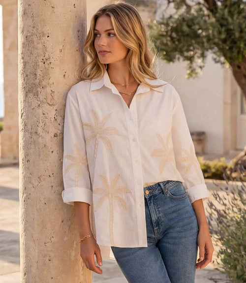 Bell Sleeve Embroidered Palm Tree Shirt