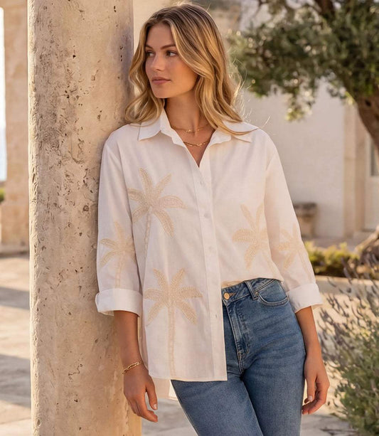 Bell Sleeve Embroidered Palm Tree Shirt