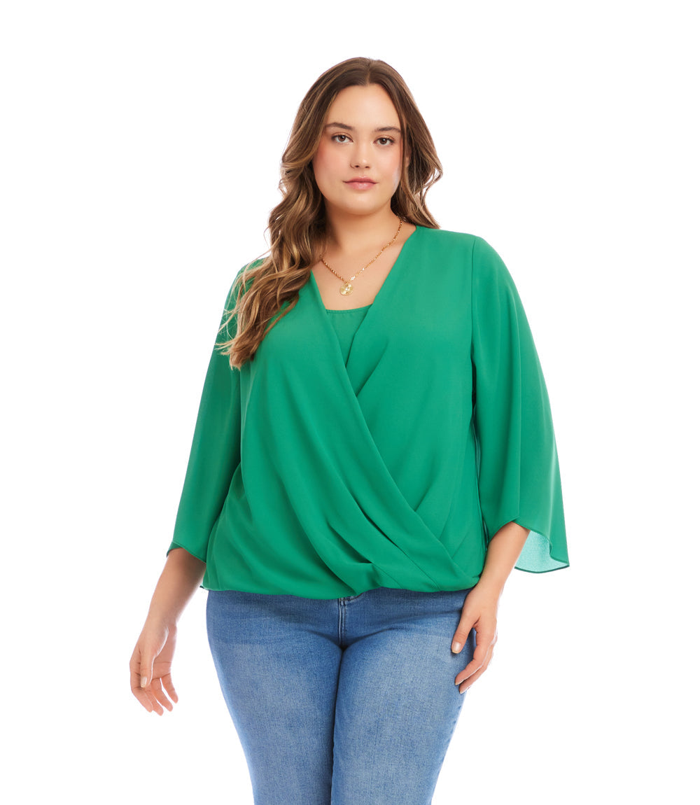 Plus Size Bracelet Sleeve Drape Front Crossover Top