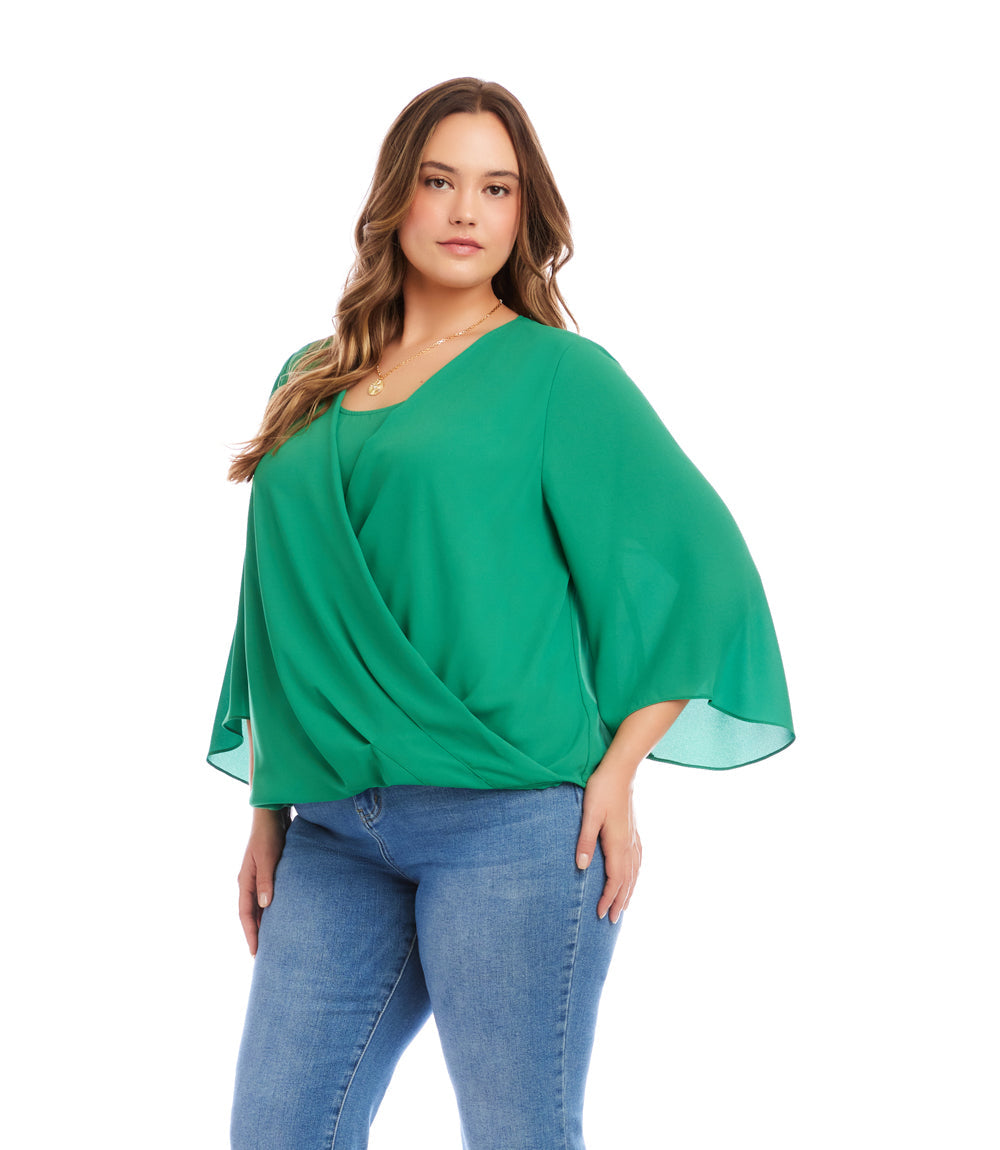 Plus Size Bracelet Sleeve Drape Front Crossover Top