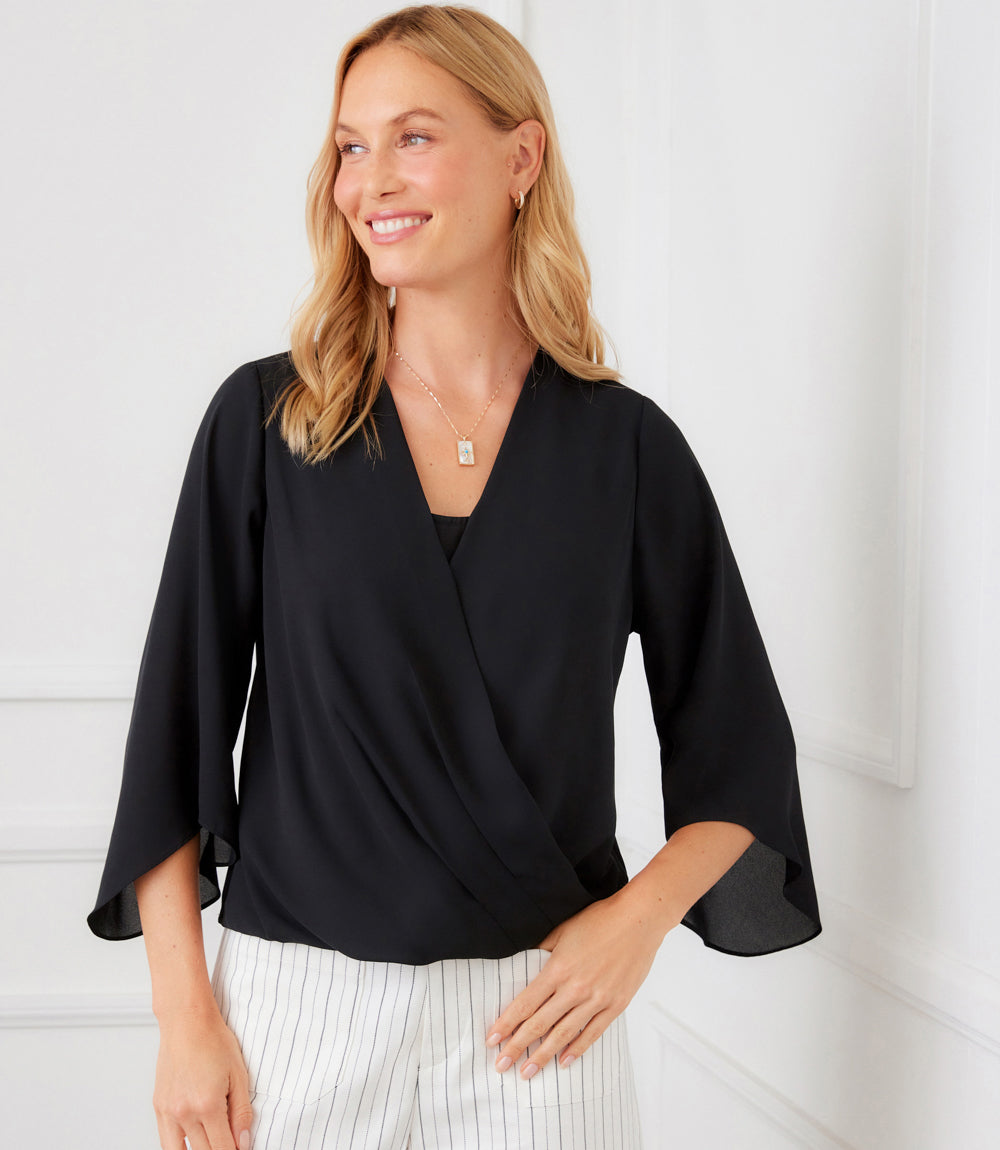 Petite Size Bracelet Sleeve Drape Front Crossover Top
