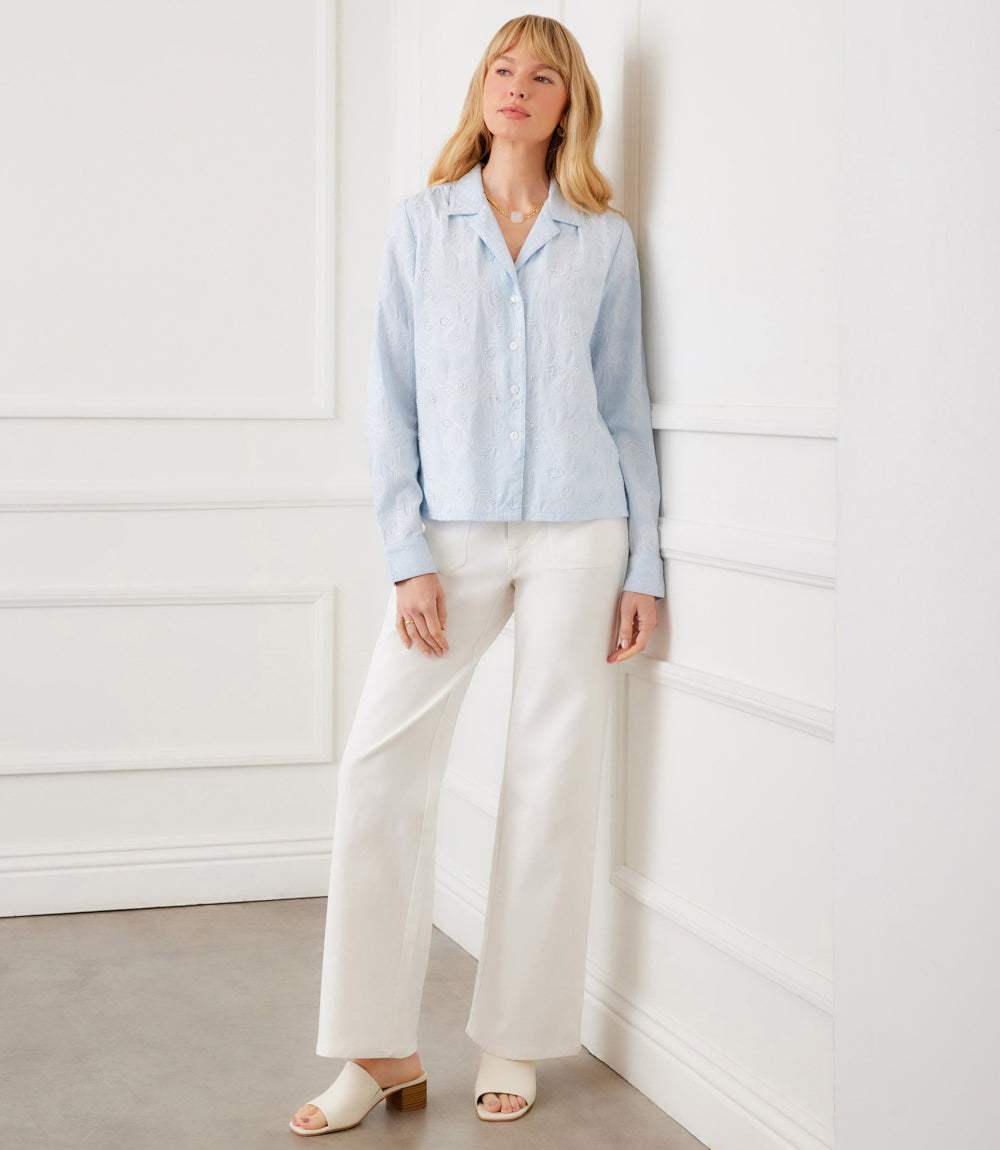 Petite Size Stripe Long Sleeve Embellished Button-Up Shirt