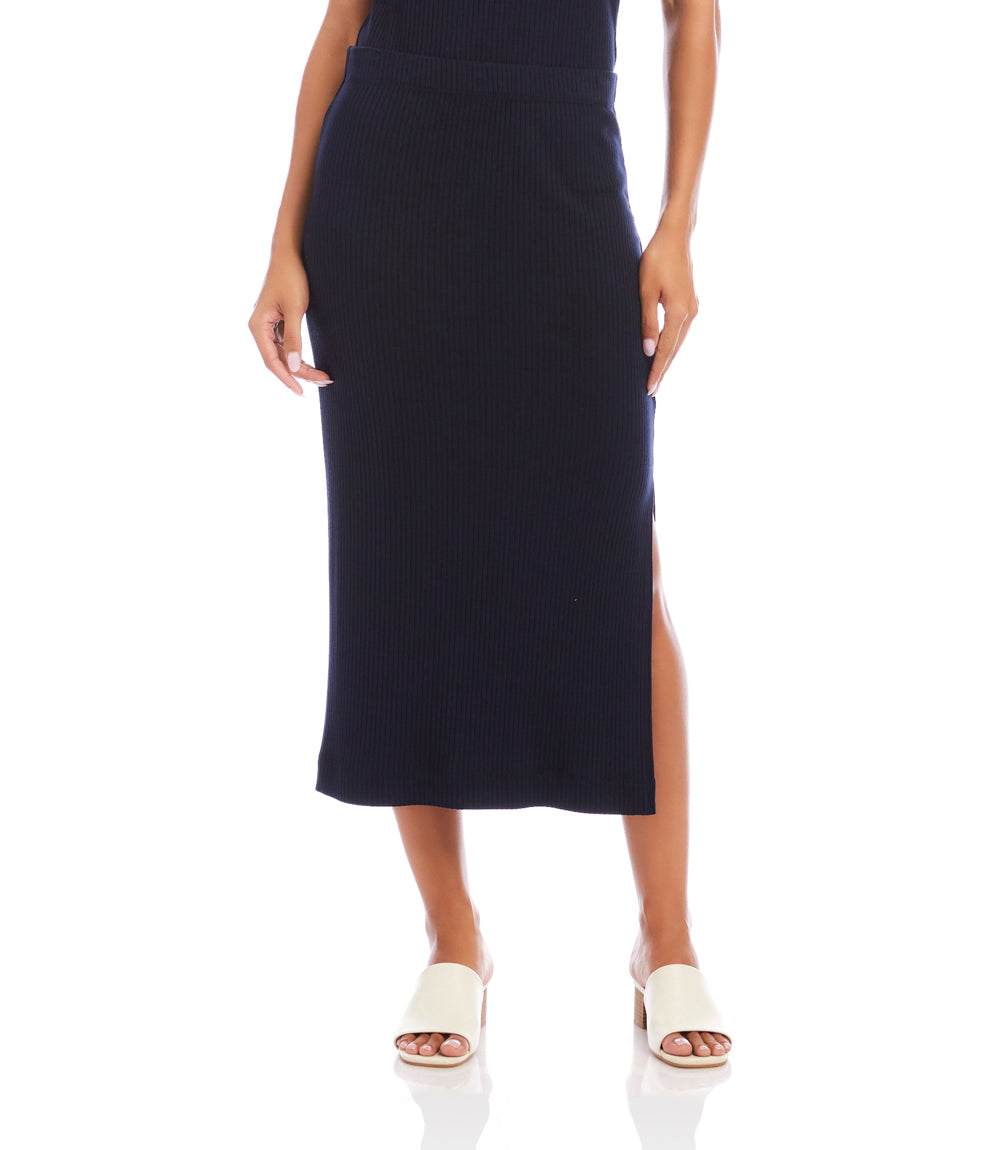 Ribbed Side-Slit Midi Skirt