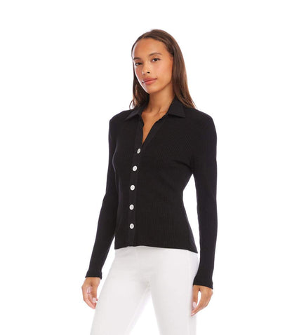 Ribbed Long Sleeve Button Front Top