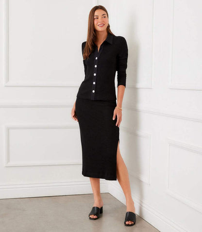 Ribbed Long Sleeve Button Front Top