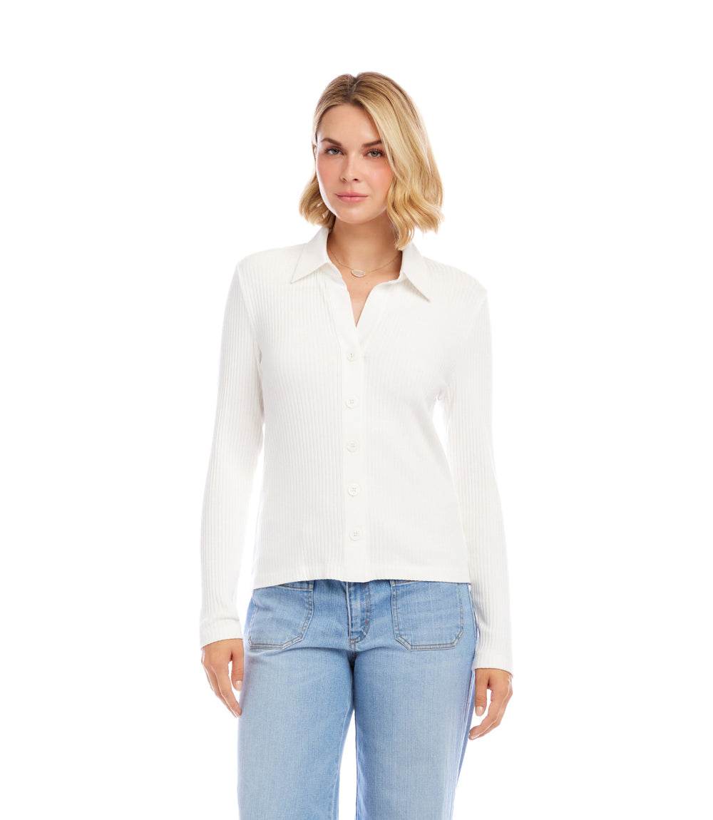 Ribbed Long Sleeve Button Front Top