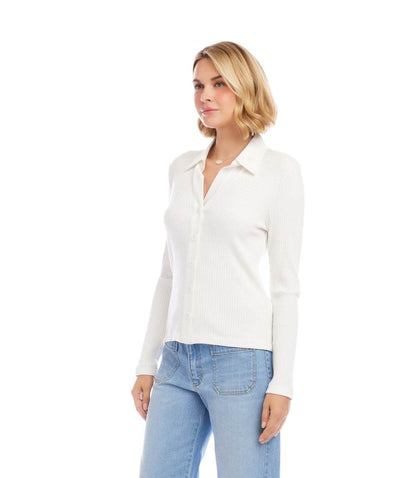 Ribbed Long Sleeve Button Front Top