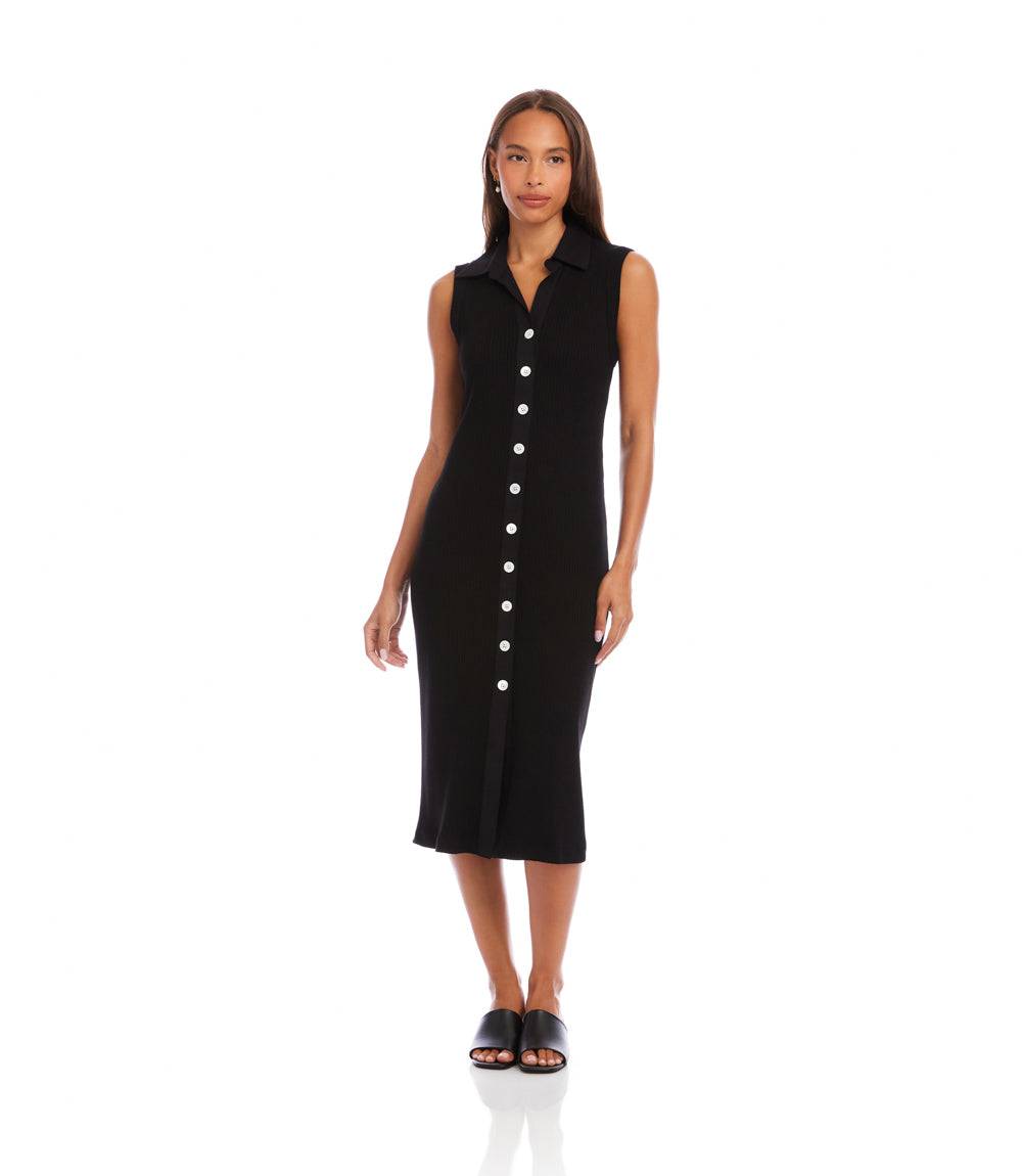 Ribbed Sleeveless Button Front Midi Dress