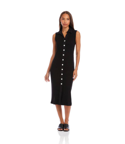 Ribbed Sleeveless Button Front Midi Dress