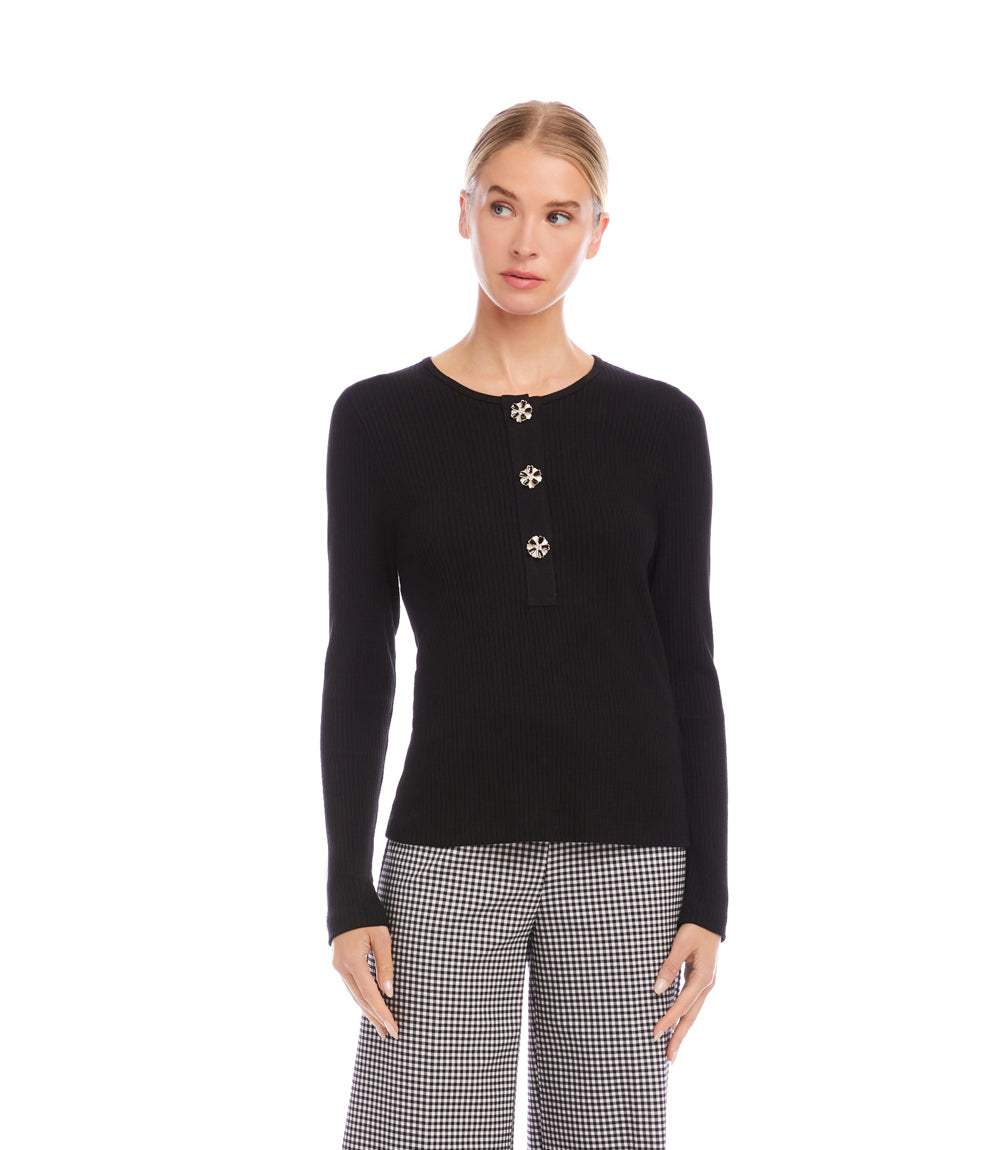 Long Sleeve Ribbed Flower Button Detail Top