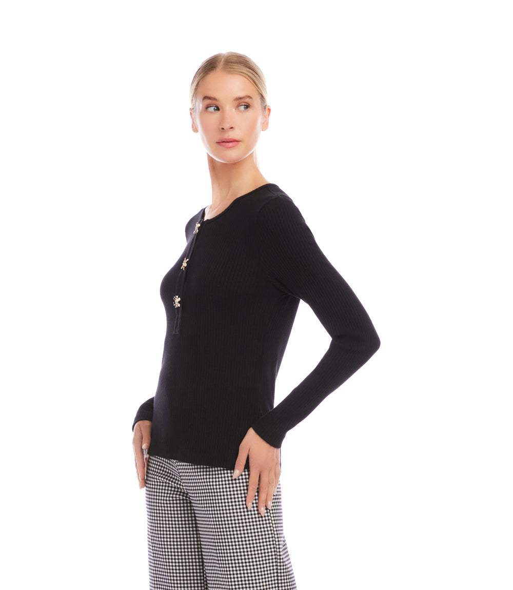 Long Sleeve Ribbed Flower Button Detail Top